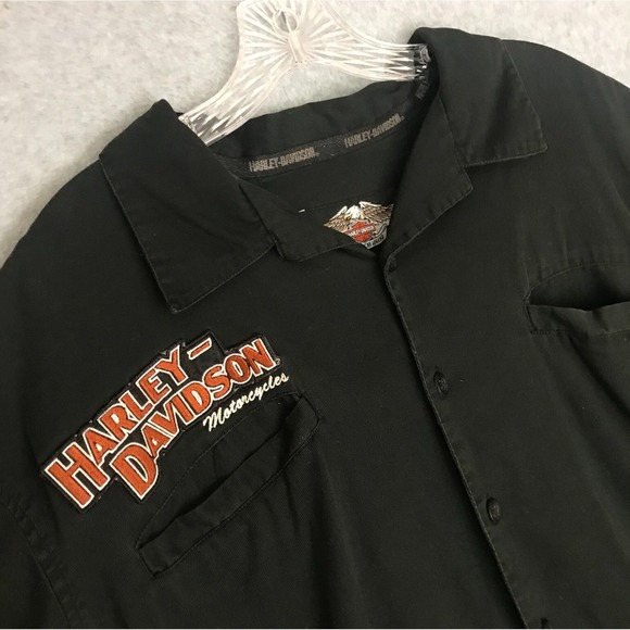 Harley Davidson Motorcycles Button Up Shirt Black Short Sleeve Stitched Logos - Picture 5 of 11